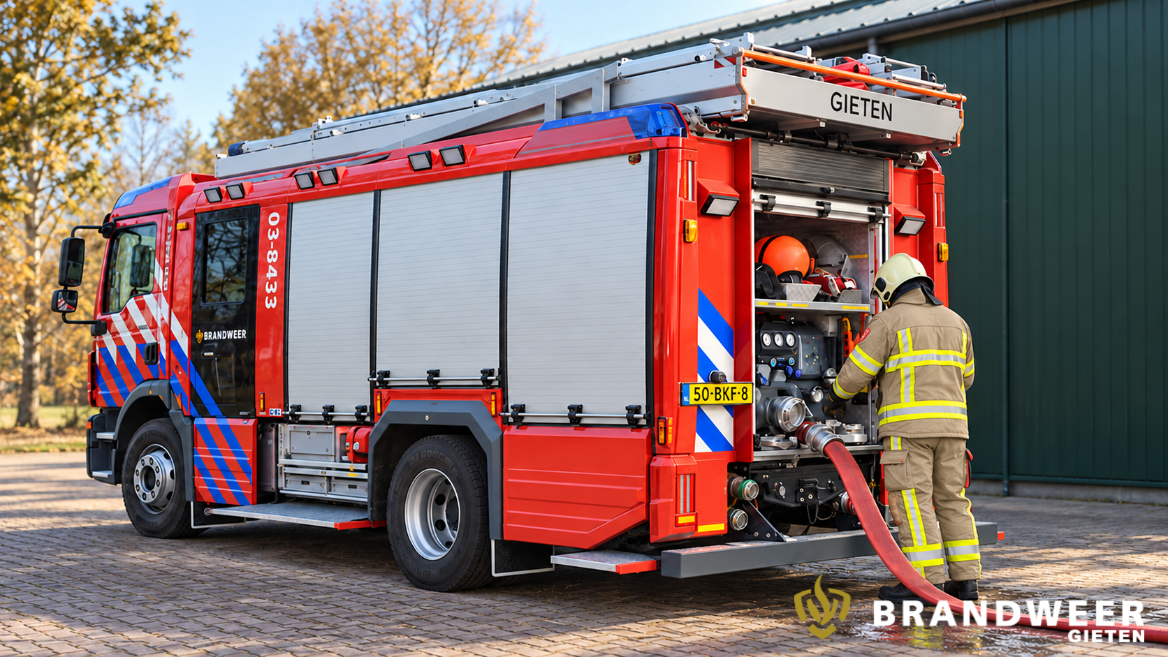 AI-illustratie van een chauffeur/pompbediener in een kaki bluspak bij het pomppaneel van een brandweerwagen van Gieten.